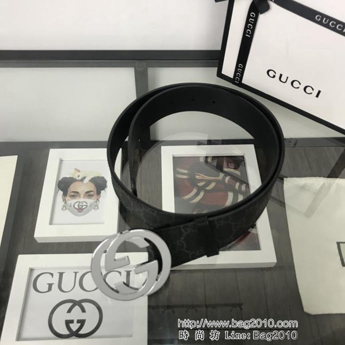 GUCCI古馳 官網經典款 原單品質 專櫃PVC提花面料 頭層黑色皮底 雙G拋光亮面扣 男士皮帶  xfp1444